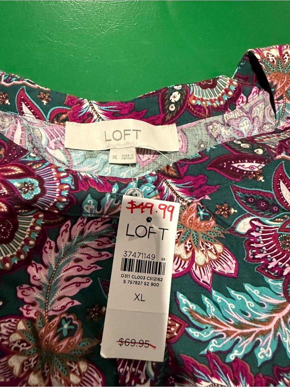 LOFT Teal & Magenta Paisley Blouse - XL